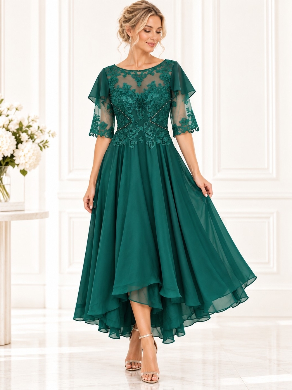 Emerald Green Lace Sequin Embellished Formal Gown Dress | Size Medium